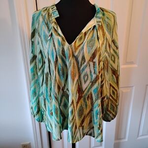 Elegant Geometric Blouse in Green and Brown